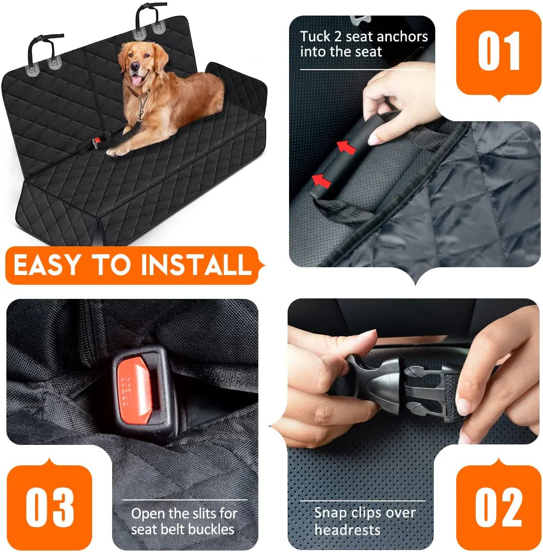 Dog Car Seat Cover - Waterproof Back Seat Protector for Pets, Non-Slip Design, Compatible with Most Cars, Trucks, and SUVs - Black